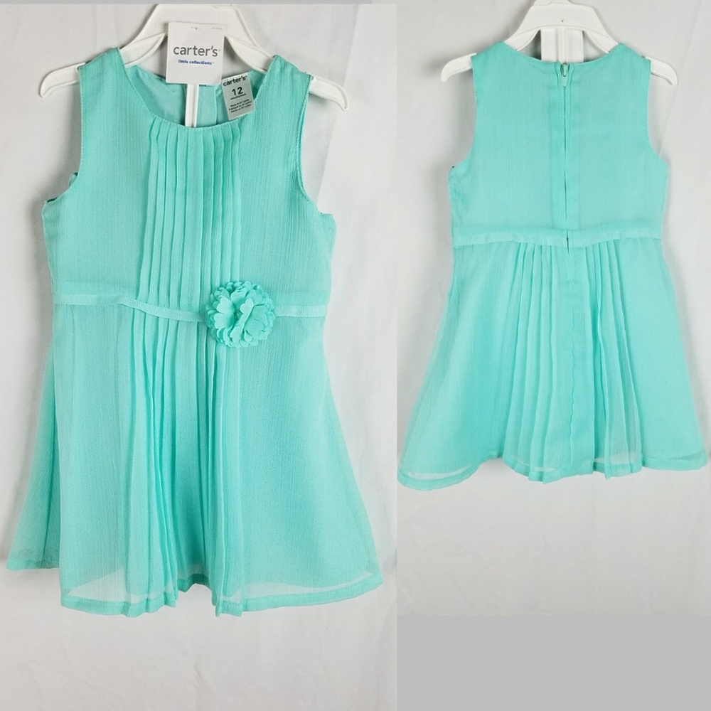New Pleated Aqua Dress Floral Embelishment 12 Mo